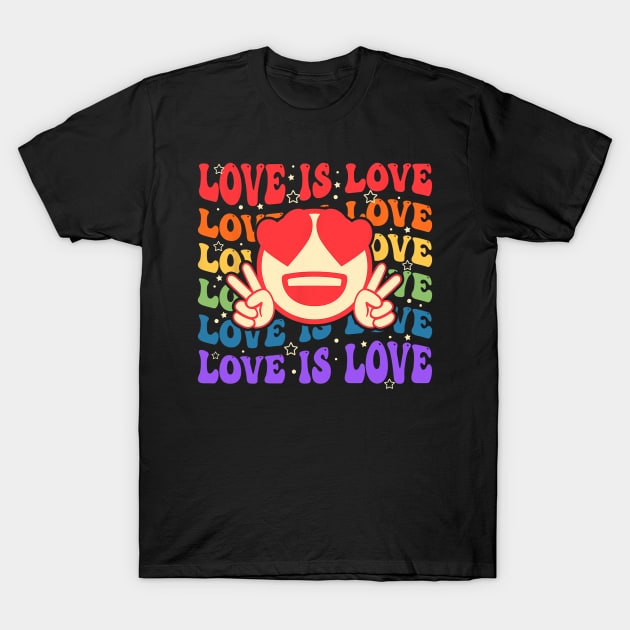 Groovy Love Is Love Hippie Face Rainbow LGBT Gay Ally Pride T-Shirt by Welde2002